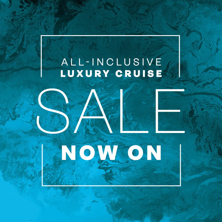 White 'all-inclusive luxury cruise sale now on' text overlaid on a turquoise marble background
